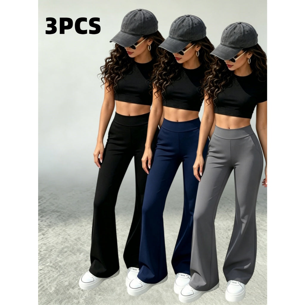 3PCS Pantalones Yoga Mujer Elástico Vías Cintura Alta Control Abdominal Campana Gimnasio Casual
