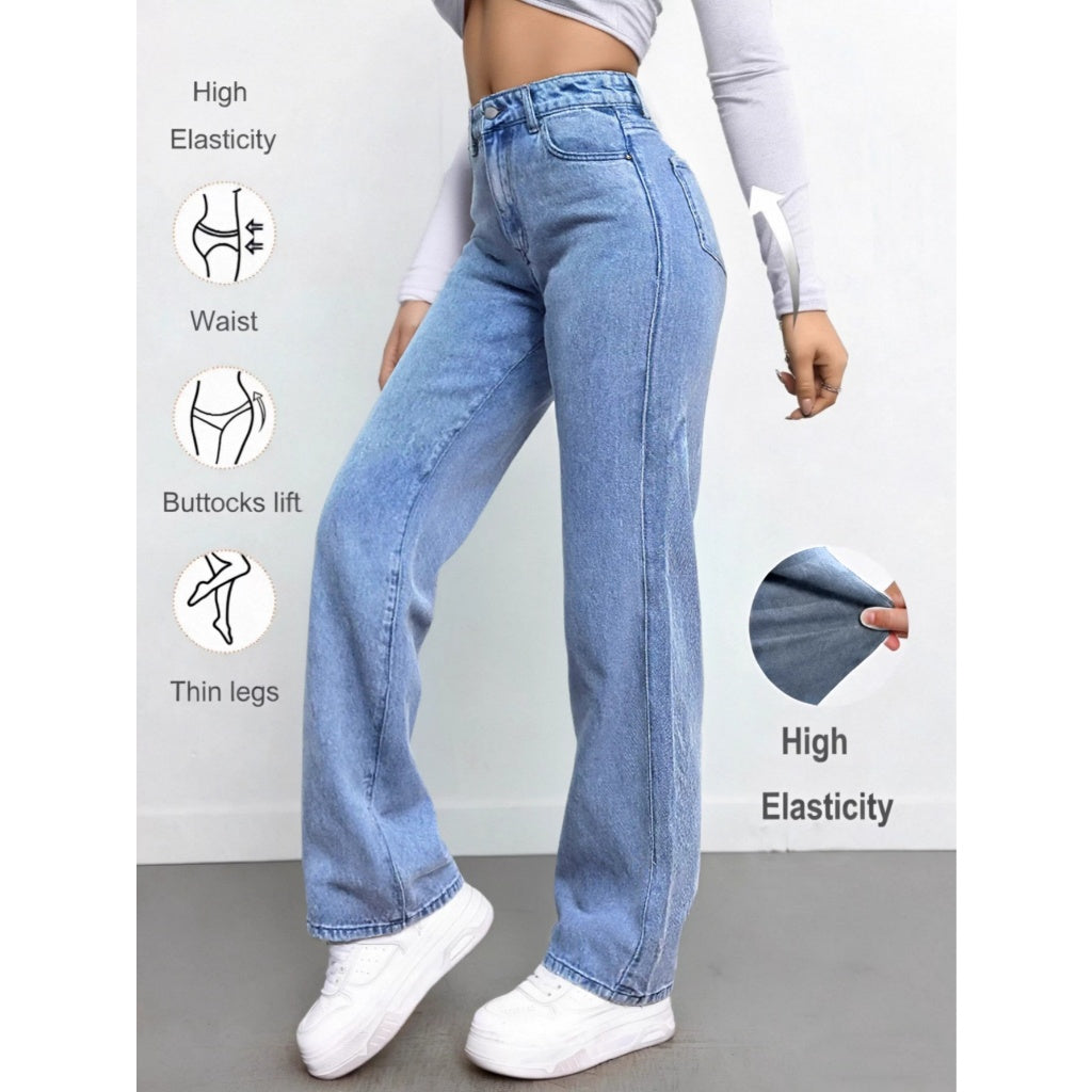 Jeans Mujer Alta Elasticidad Tiro Alto Pierna Ancha Mejora Figura Denim Azul Claro Casual Diario