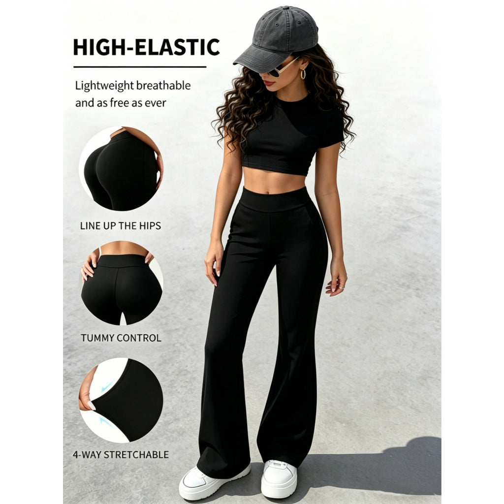 Pantalones Yoga Mujer Elástico Vías Cintura Alta Control Abdominal Pantalón Campana Gimnasio Casual