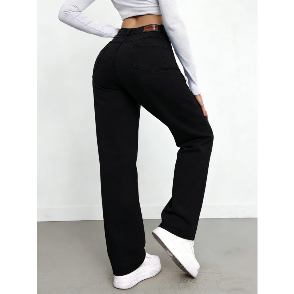Jeans Mujer Alta Elasticidad Tiro Alto Pierna Ancha Mejora Figura Denim Azul Claro Casual Diario