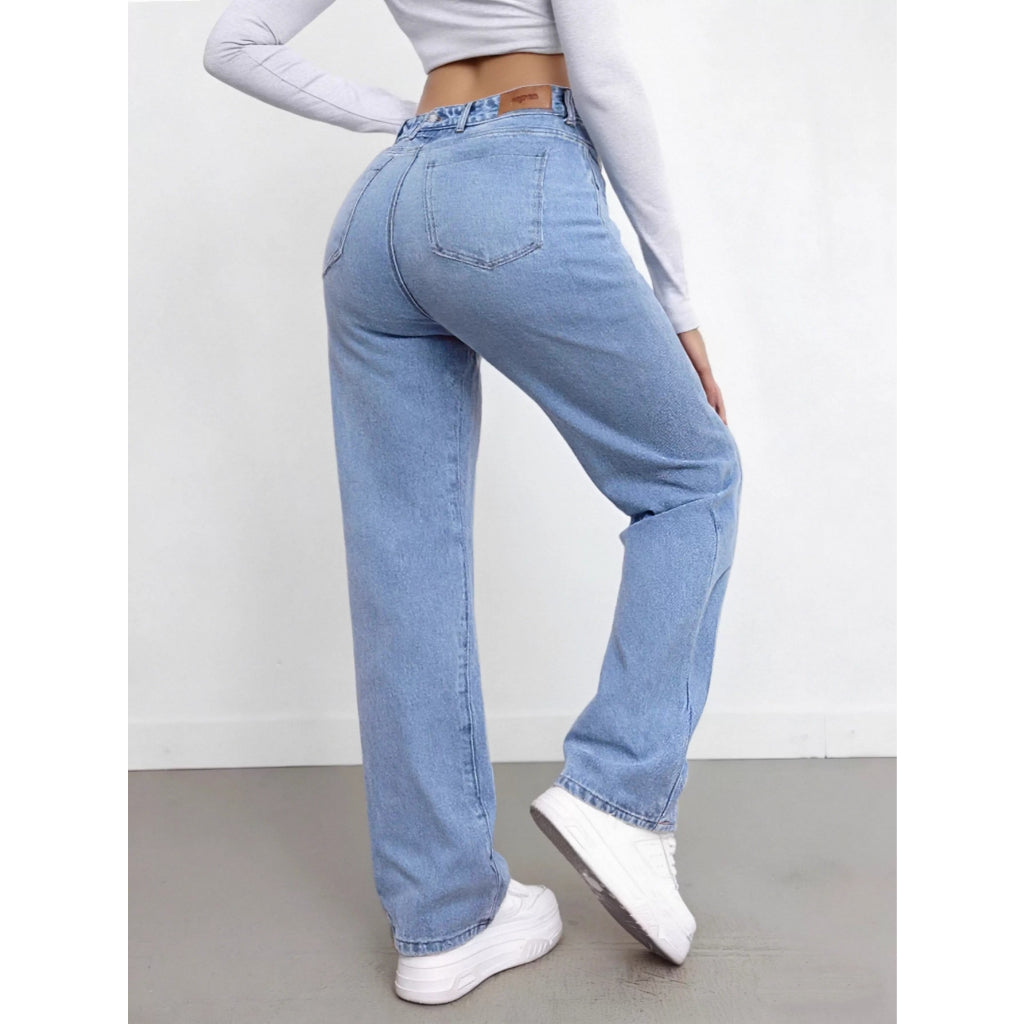 Jeans Mujer Alta Elasticidad Tiro Alto Pierna Ancha Mejora Figura Denim Azul Claro Casual Diario