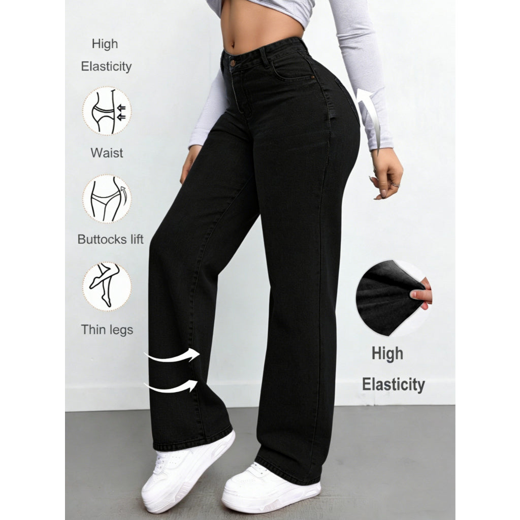 Jeans Mujer Alta Elasticidad Tiro Alto Pierna Ancha Mejora Figura Denim Azul Claro Casual Diario