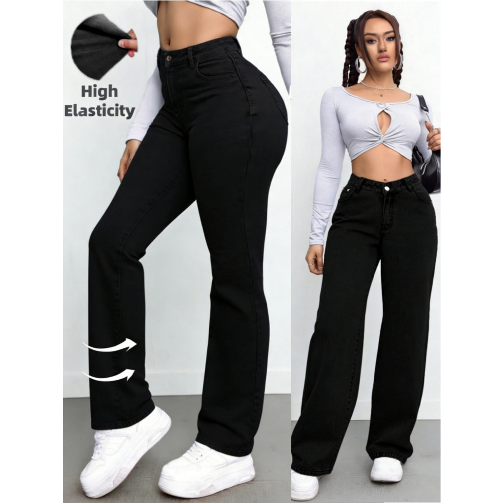 Jeans Mujer Alta Elasticidad Tiro Alto Pierna Ancha Mejora Figura Denim Azul Claro Casual Diario