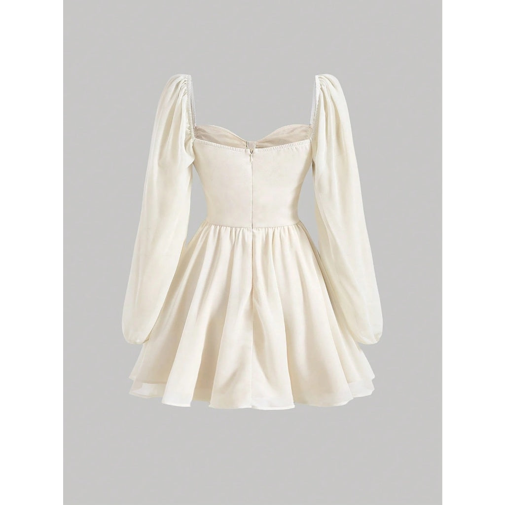 Vestido Mujer Malla Elástica Manga Globo Cuadrado 2 Formas De Usar Mini Elegante Fiesta Casual