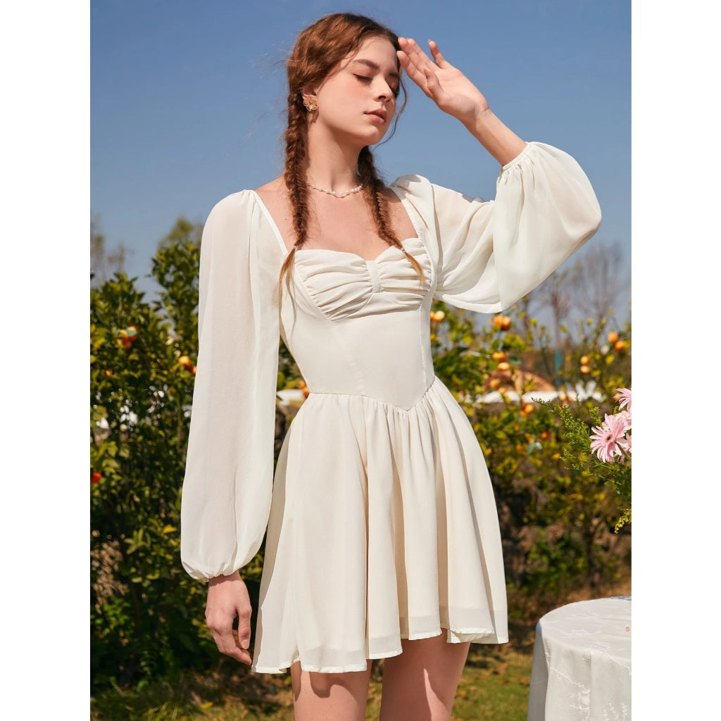 Vestido Mujer Malla Elástica Manga Globo Cuadrado 2 Formas De Usar Mini Elegante Fiesta Casual