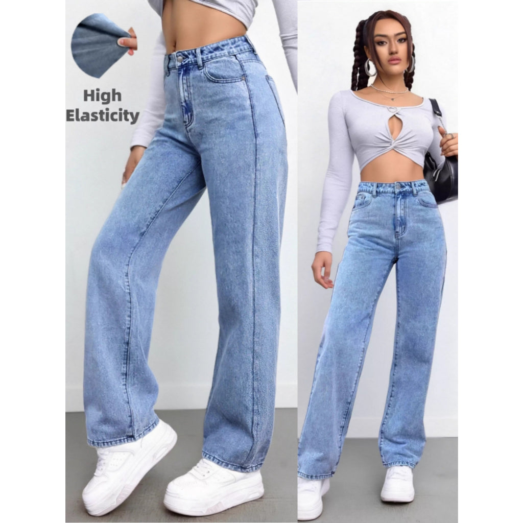 Jeans Mujer Alta Elasticidad Tiro Alto Pierna Ancha Mejora Figura Denim Azul Claro Casual Diario