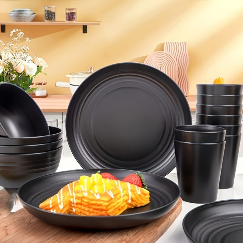 16pcs Plastic Tableware Set, Including Dinner Plates, Dessert Plates, Bowls, and Cups