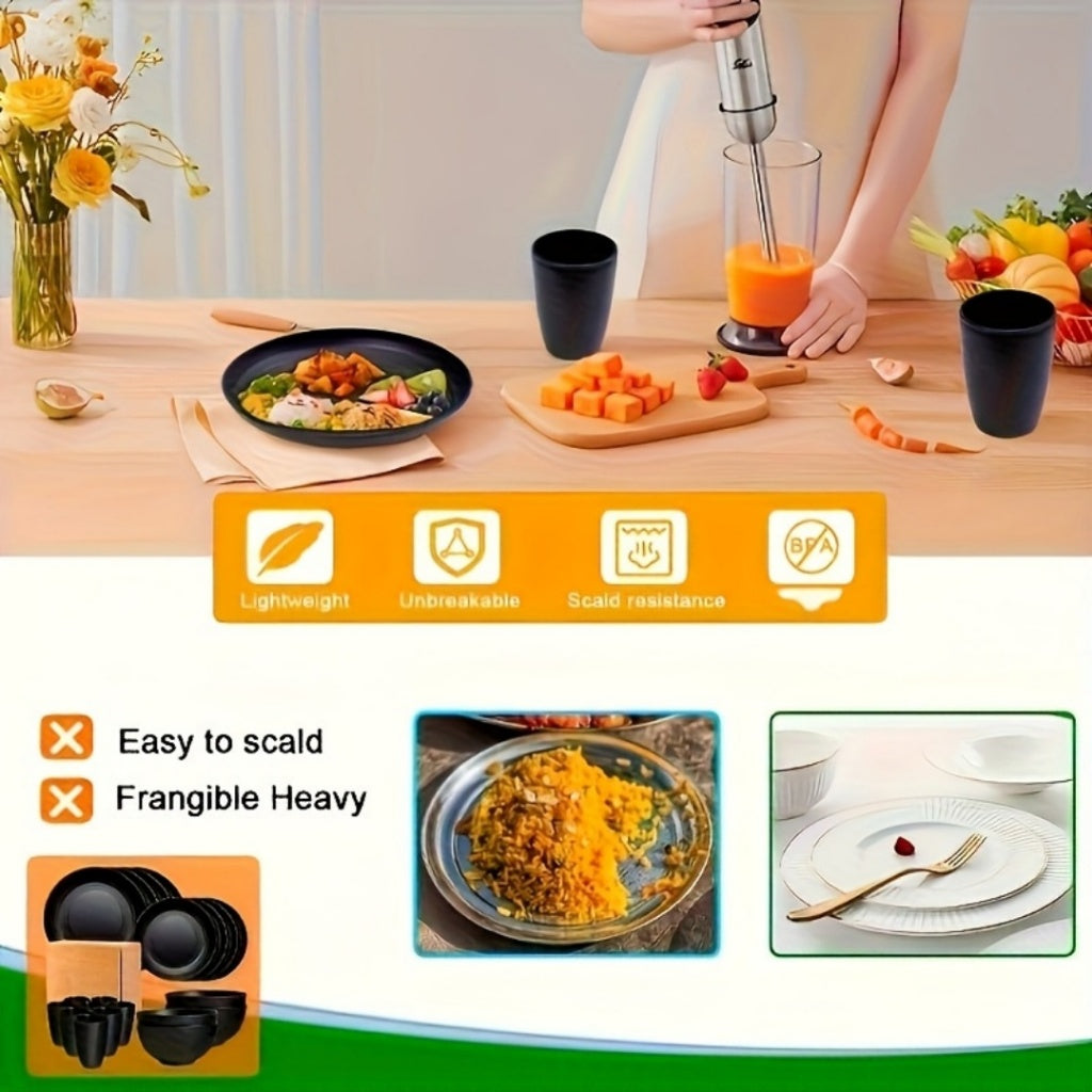 16pcs Plastic Tableware Set, Including Dinner Plates, Dessert Plates, Bowls, and Cups
