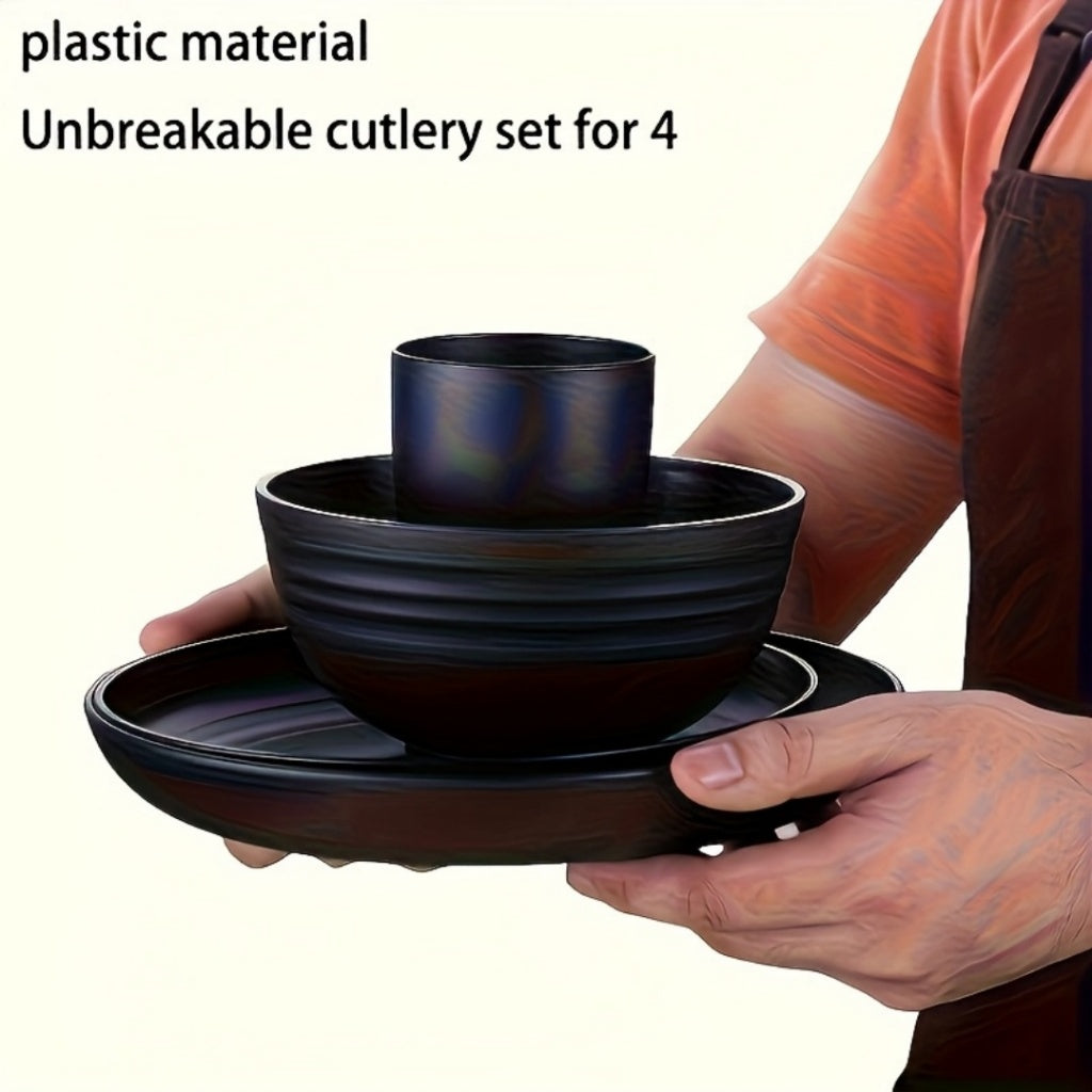 16pcs Plastic Tableware Set, Including Dinner Plates, Dessert Plates, Bowls, and Cups