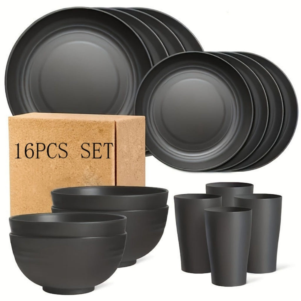 16pcs Plastic Tableware Set, Including Dinner Plates, Dessert Plates, Bowls, and Cups