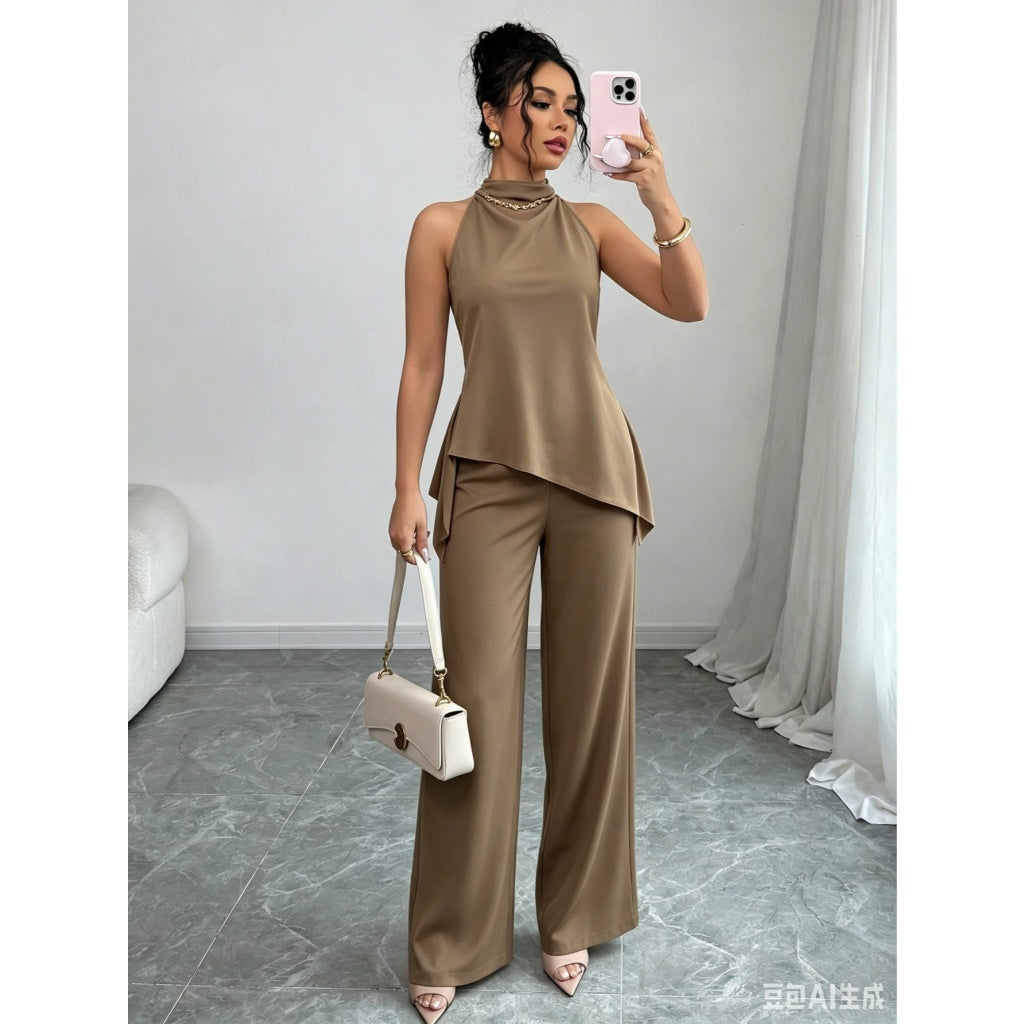 Oferta Limitada Conjunto Mujer Elegante Top Halter Pantalón Ancho Satinado Oficina Casual