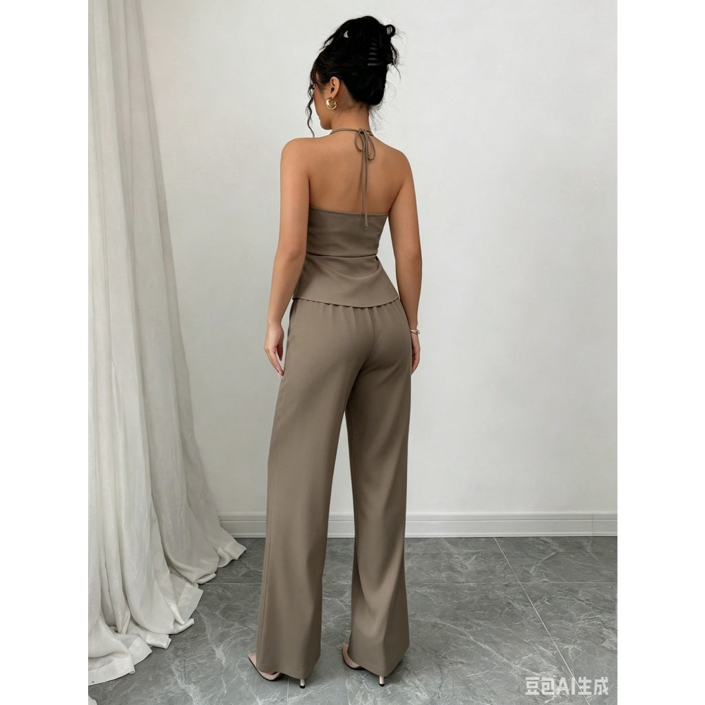 Oferta Limitada Conjunto Mujer Elegante Top Halter Pantalón Ancho Satinado Oficina Casual