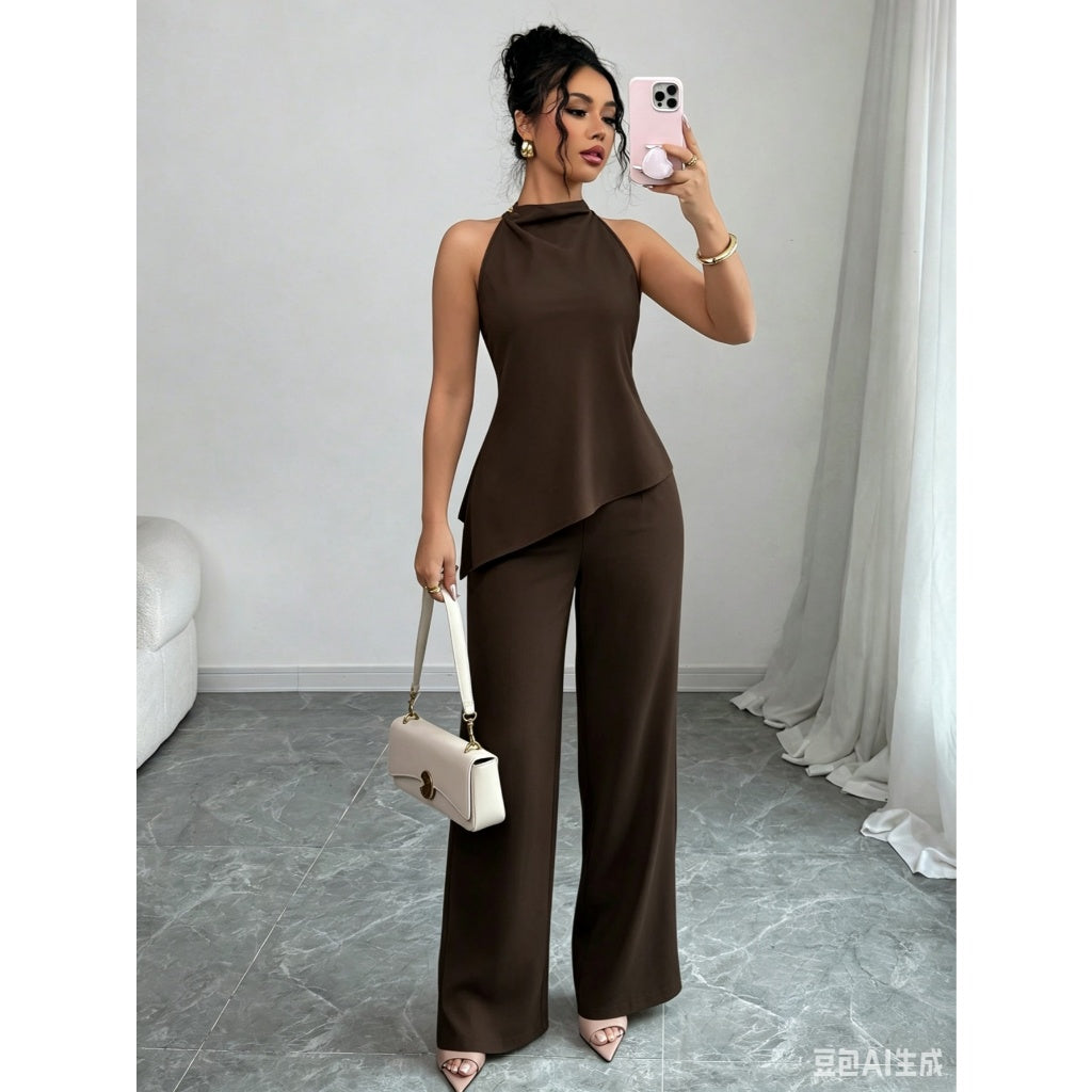 Oferta Limitada Conjunto Mujer Elegante Top Halter Pantalón Ancho Satinado Oficina Casual