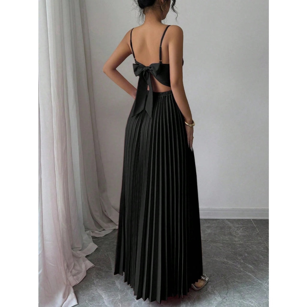Vestido Largo Fiesta Elegante Plisado Tirantes Escote V Negro Formal Mujer Boda