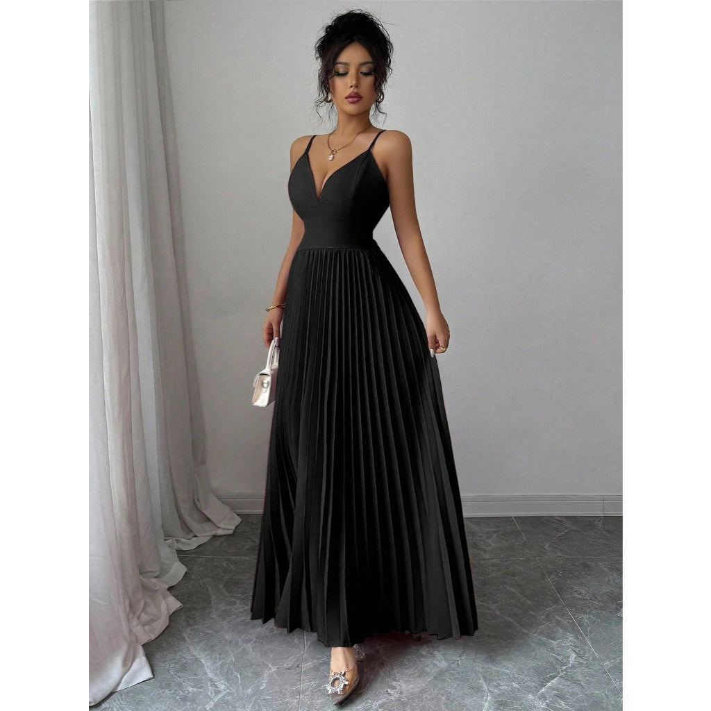 Vestido Largo Fiesta Elegante Plisado Tirantes Escote V Negro Formal Mujer Boda