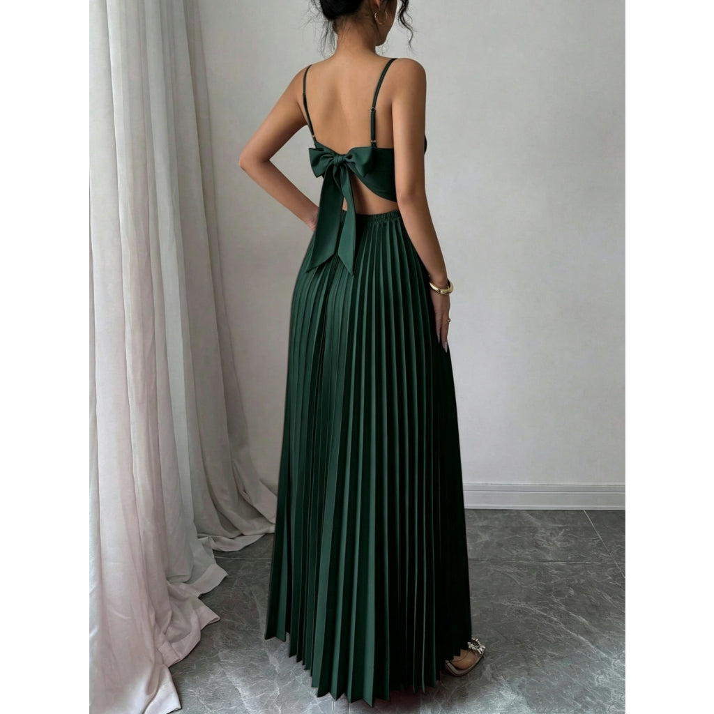 Vestido Largo Fiesta Elegante Plisado Tirantes Escote V Negro Formal Mujer Boda
