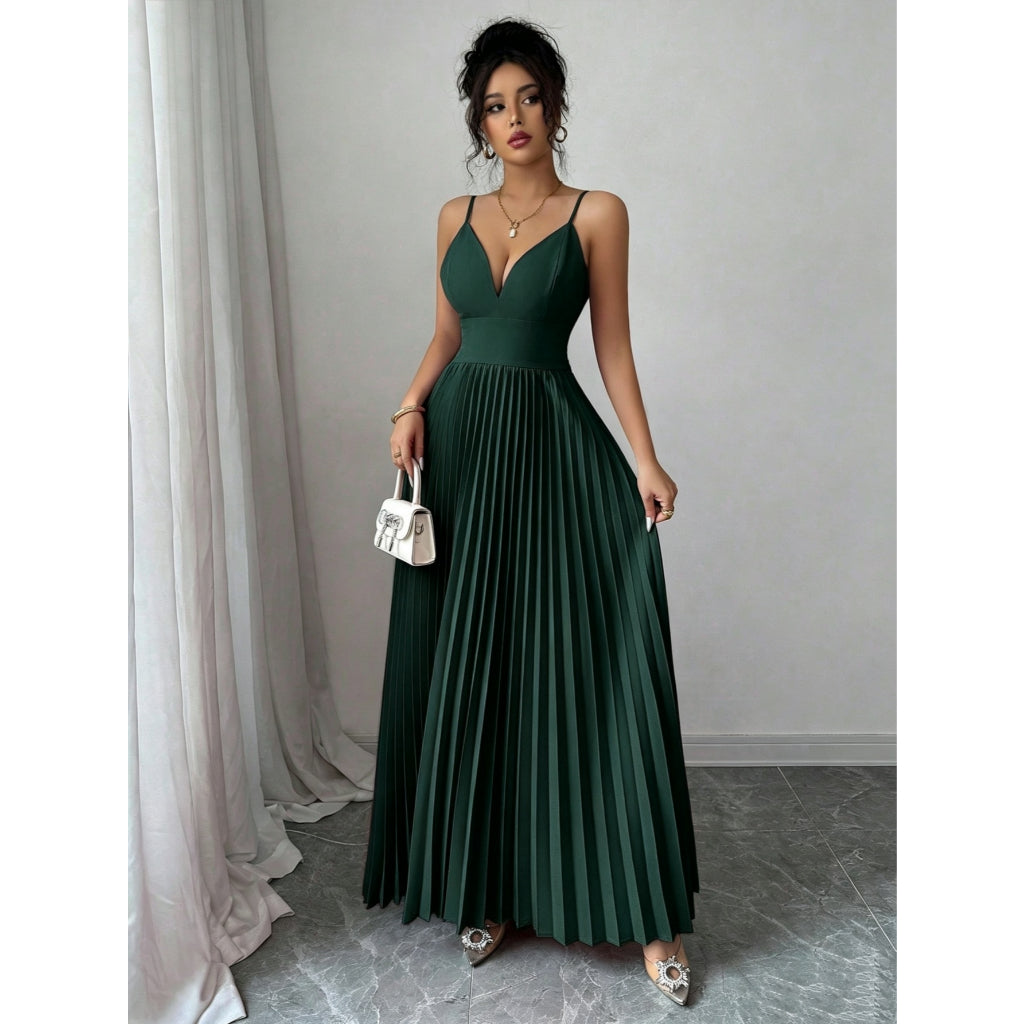 Vestido Largo Fiesta Elegante Plisado Tirantes Escote V Negro Formal Mujer Boda