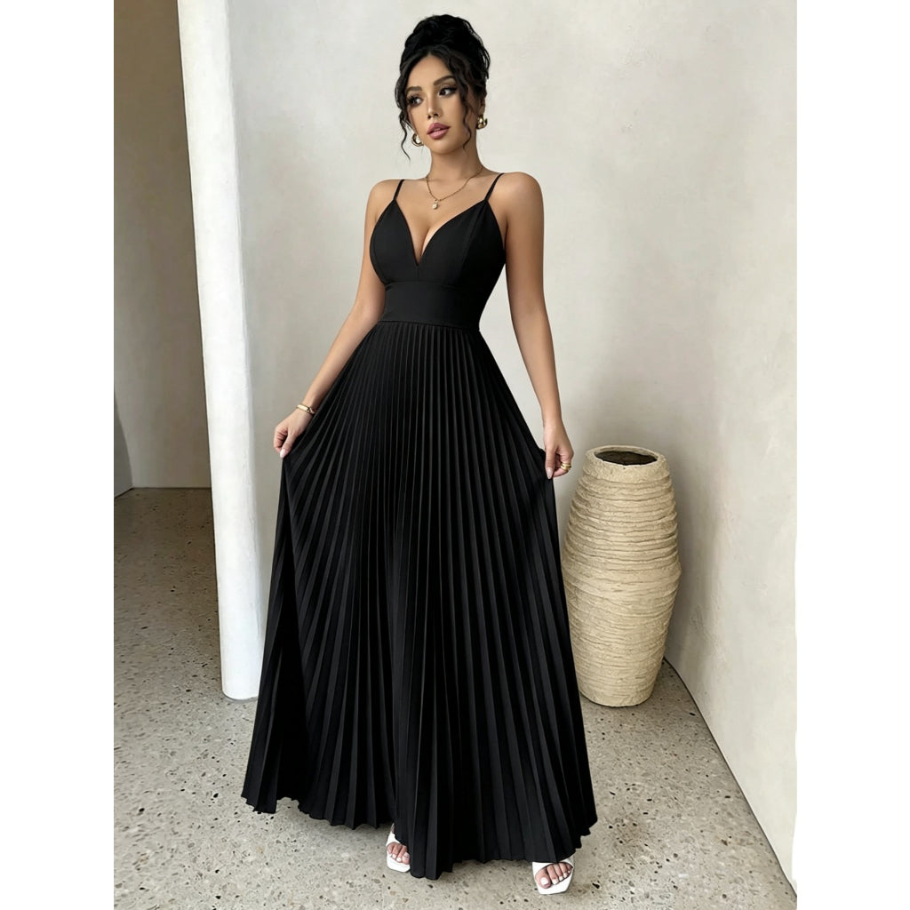 Vestido Largo Fiesta Elegante Plisado Tirantes Escote V Negro Formal Mujer Boda