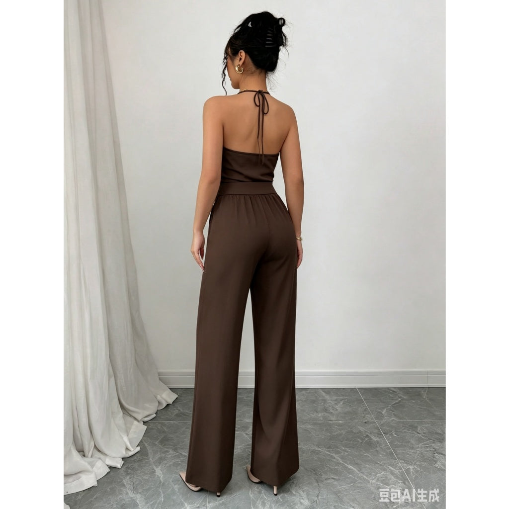 Oferta Limitada Conjunto Mujer Elegante Top Halter Pantalón Ancho Satinado Oficina Casual