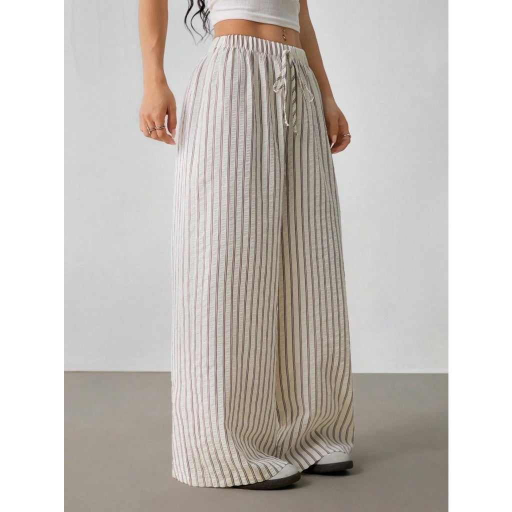 Pantalones Anchos Mujer Suave Delgado Cintura Elástica Rayas Verticales Casual Playa