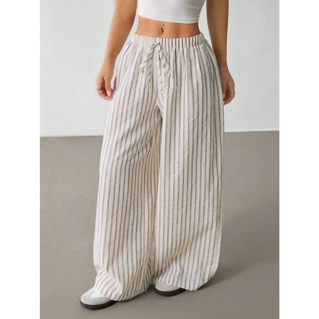 Pantalones Anchos Mujer Suave Delgado Cintura Elástica Rayas Verticales Casual Playa