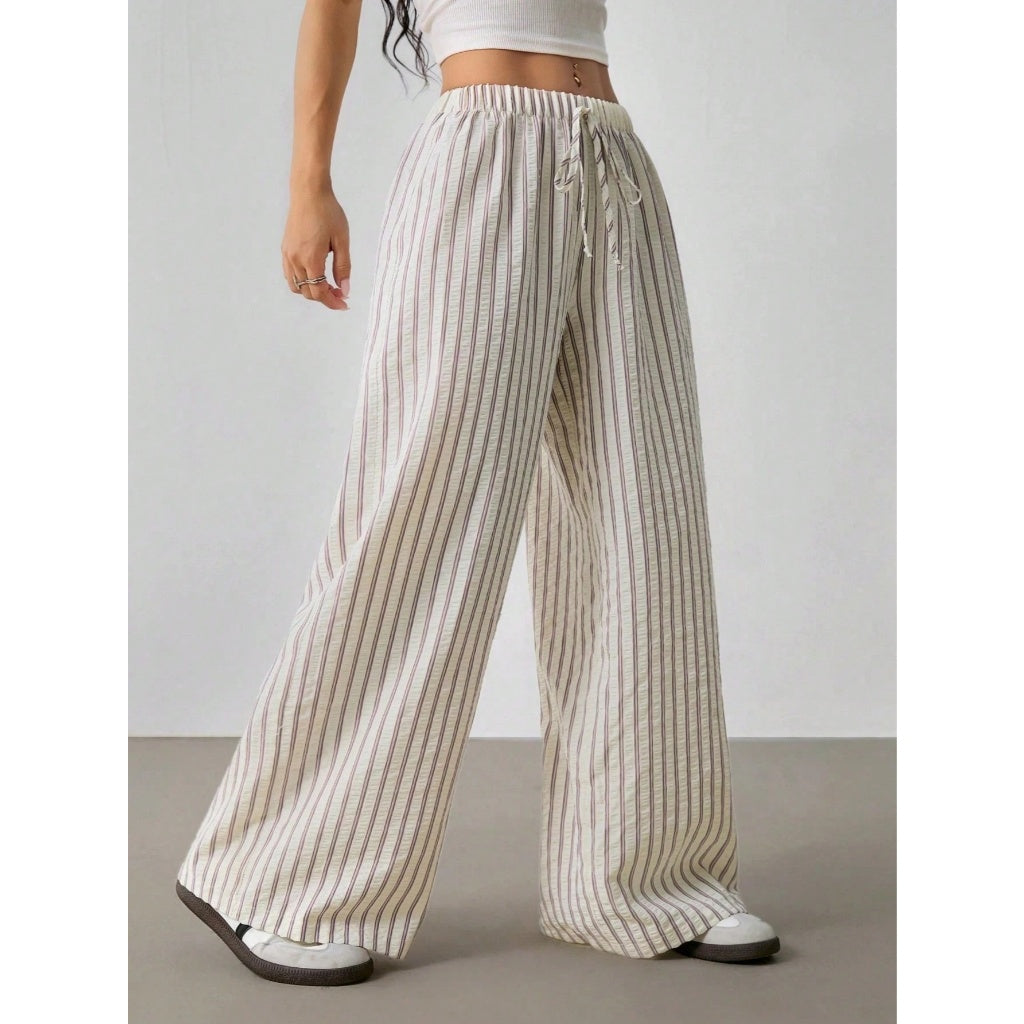Pantalones Anchos Mujer Suave Delgado Cintura Elástica Rayas Verticales Casual Playa
