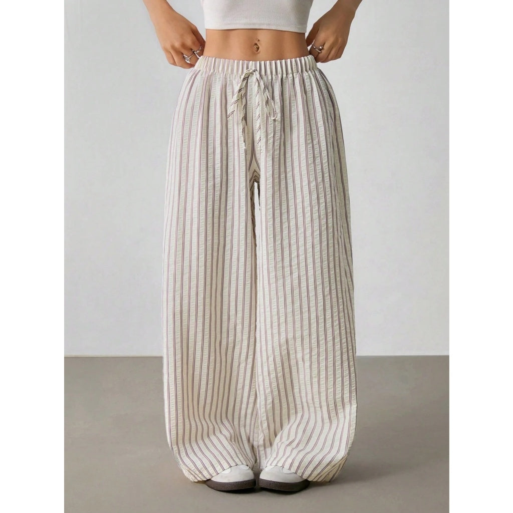 Pantalones Anchos Mujer Suave Delgado Cintura Elástica Rayas Verticales Casual Playa