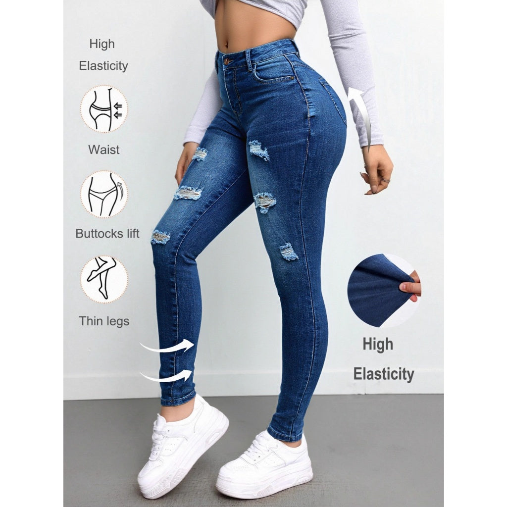 Promo Limitado Jeans Mujer Skinny Alto Elástico Rotos Mejora Figura Casual