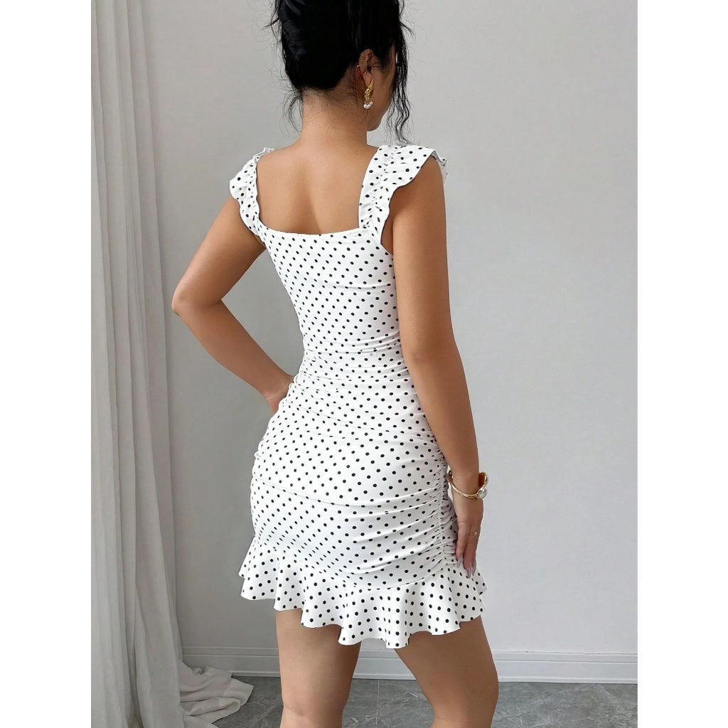 Vestido Mujer Lunares Ajustado Malla Elástica Volantes Escote Con Lazo Mini Casual