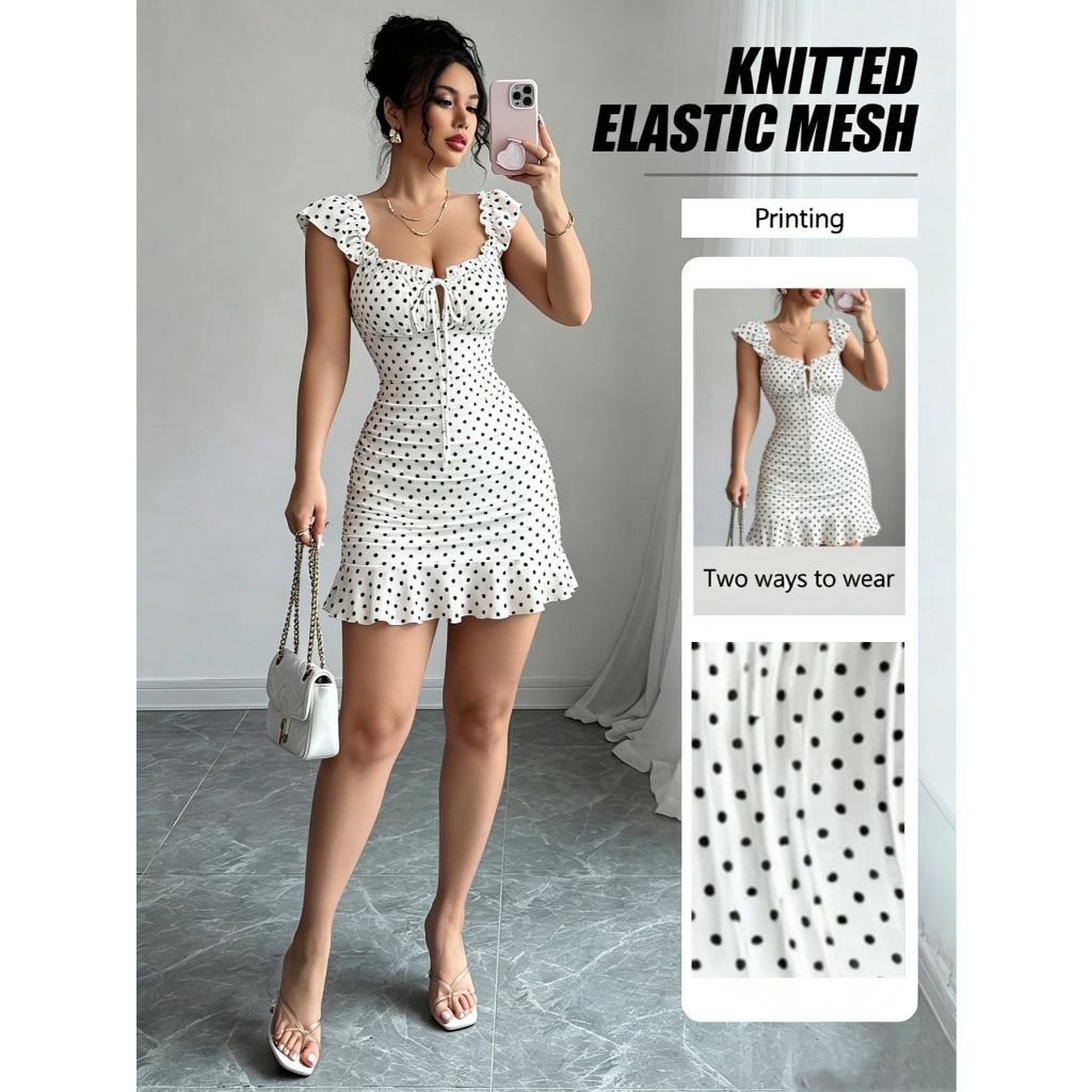 Vestido Mujer Lunares Ajustado Malla Elástica Volantes Escote Con Lazo Mini Casual