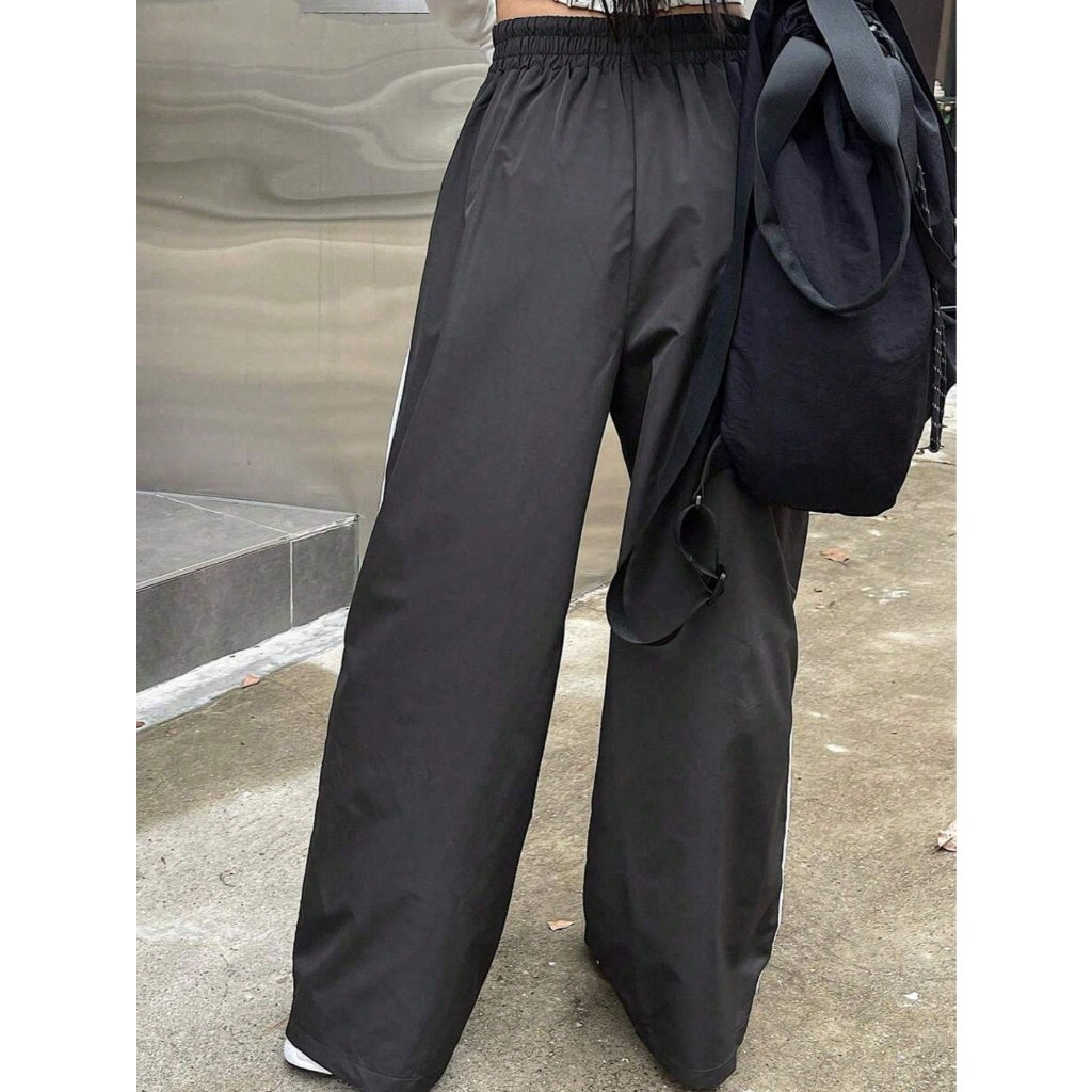 Pantalones Deportivos Mujer Pierna Ancha Tela Ligera Rayas Laterales Streetwear Cintura Elástica