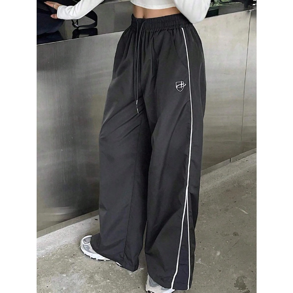 Pantalones Deportivos Mujer Pierna Ancha Tela Ligera Rayas Laterales Streetwear Cintura Elástica