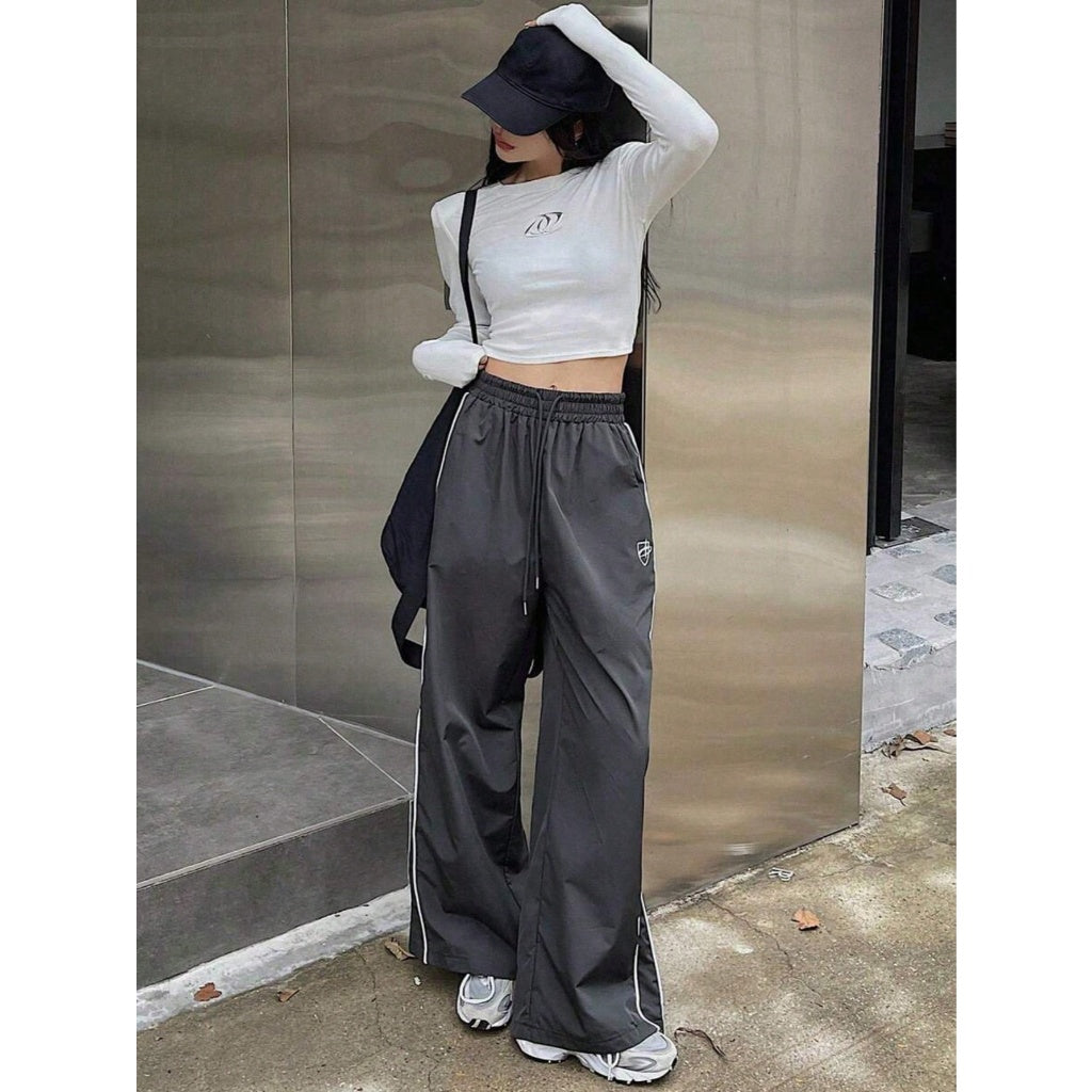 Pantalones Deportivos Mujer Pierna Ancha Tela Ligera Rayas Laterales Streetwear Cintura Elástica