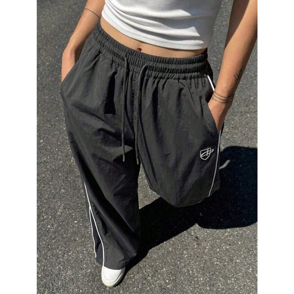 Pantalones Deportivos Mujer Pierna Ancha Tela Ligera Rayas Laterales Streetwear Cintura Elástica