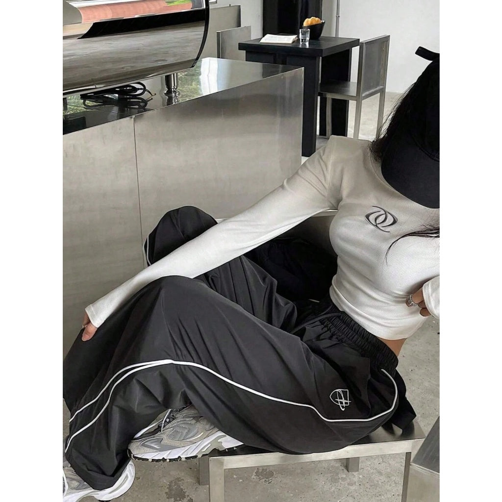 Pantalones Deportivos Mujer Pierna Ancha Tela Ligera Rayas Laterales Streetwear Cintura Elástica