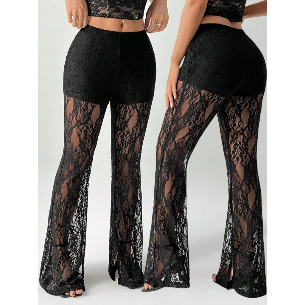 Pantalón Acampanado Mujer Encaje Transparente Cintura Elástica Estilo Fiesta Gótico