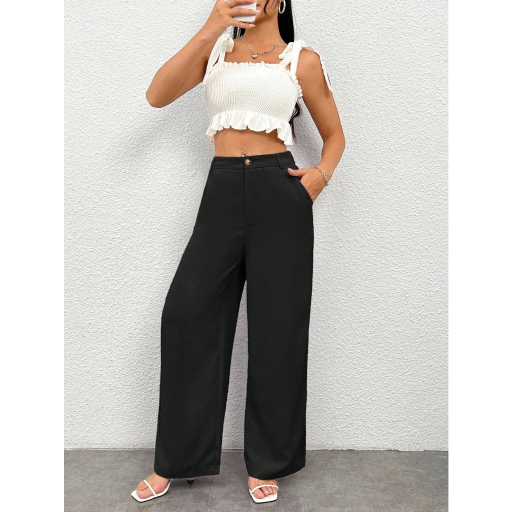 Pantalón Ancho Mujer Cintura Alta Negro Formal Casual Vestir Oficina Cómodo