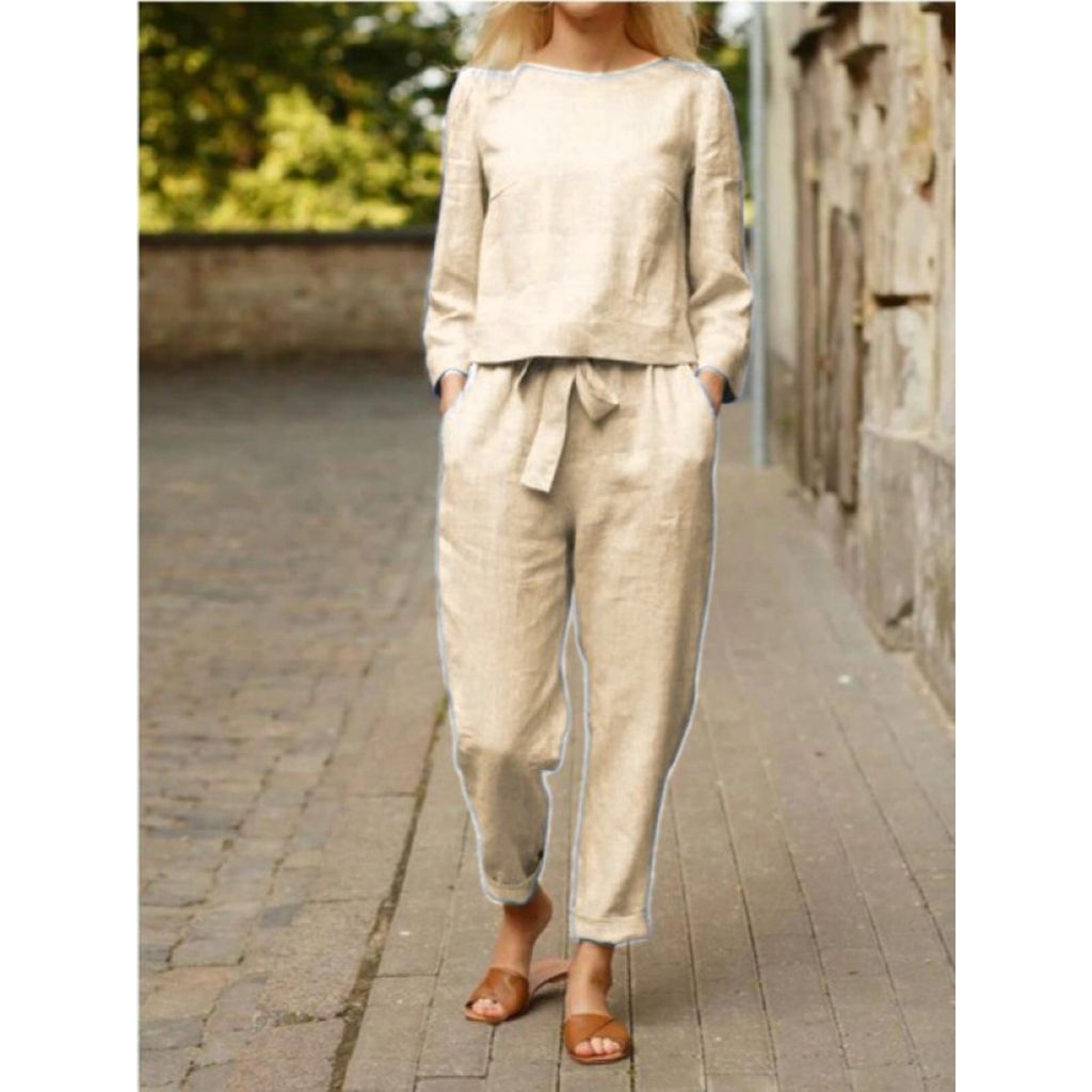 Conjunto casual de 2 piezas, unicolor, para mujer: blusa de manga corta y pantalón largo