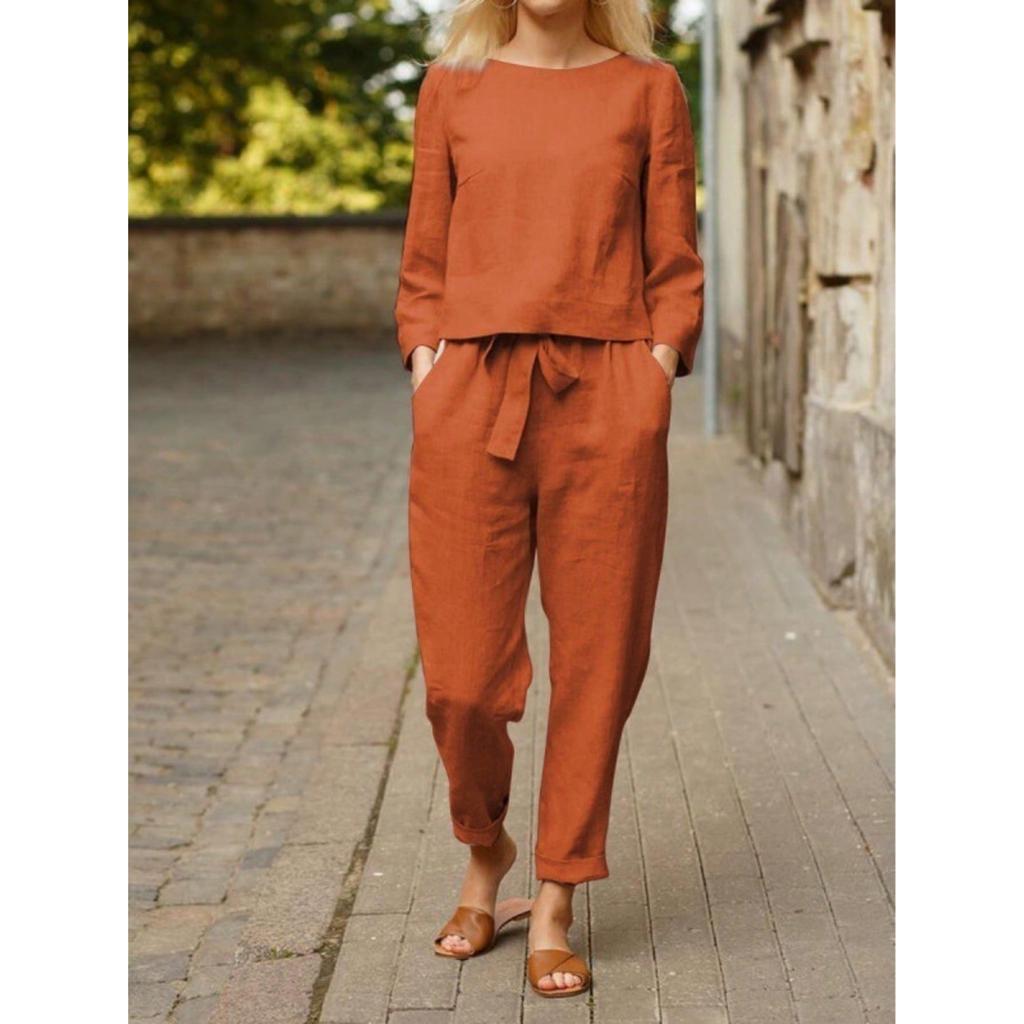 Conjunto casual de 2 piezas, unicolor, para mujer: blusa de manga corta y pantalón largo