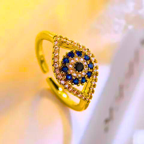 RB0023 - Anillo Acero Inoxidable Circonita Blanco y Azul Chapa Oro 14K Ajustable Calenbi