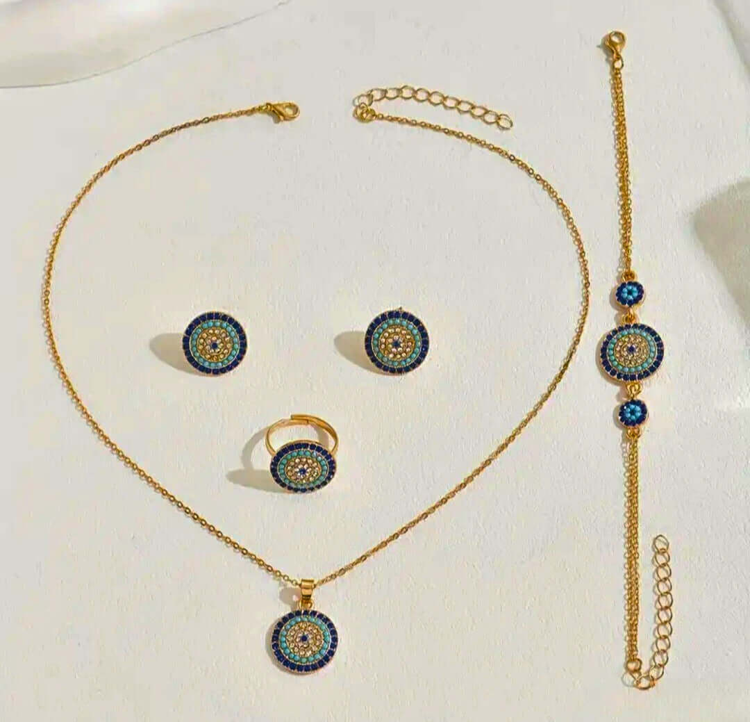 GCB0005 - Juego Completo Acero Inoxidable Ojo Turco Circonita Blanco y Azul Calenbi