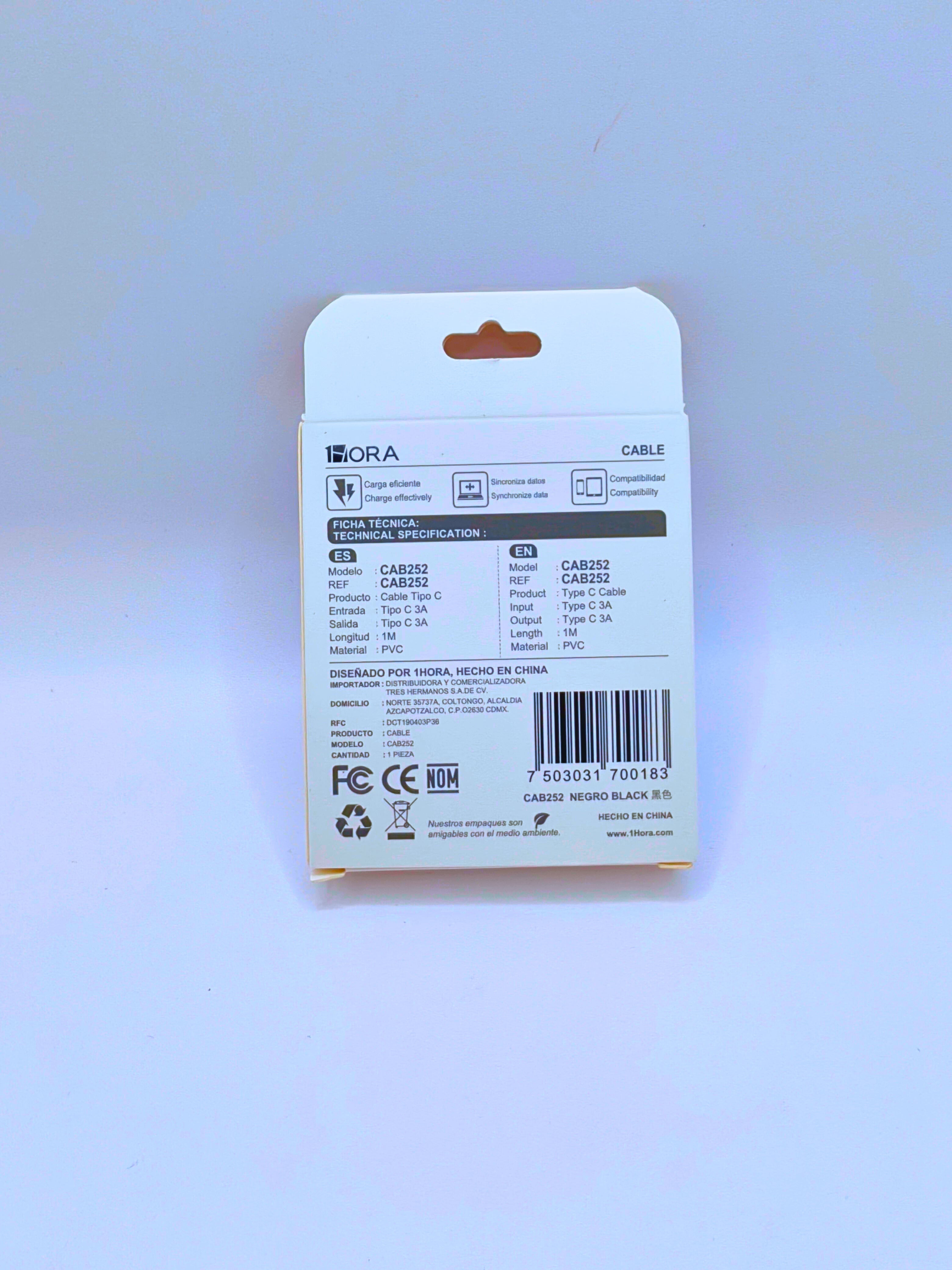 CAB252 - 1M Cable Tipo "C" 3A De Carga y Datos 1Hora
