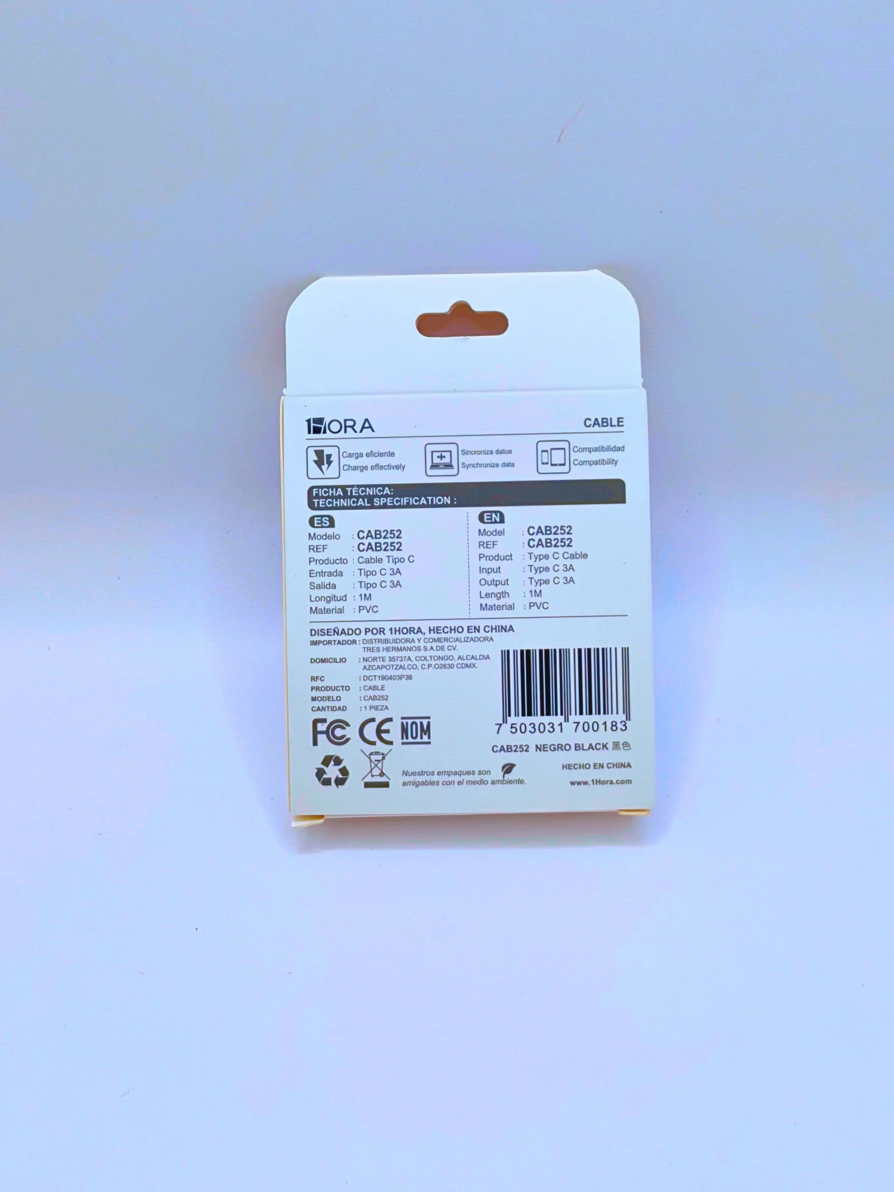 CAB252 - 1M Cable Tipo "C" 3A De Carga y Datos 1Hora