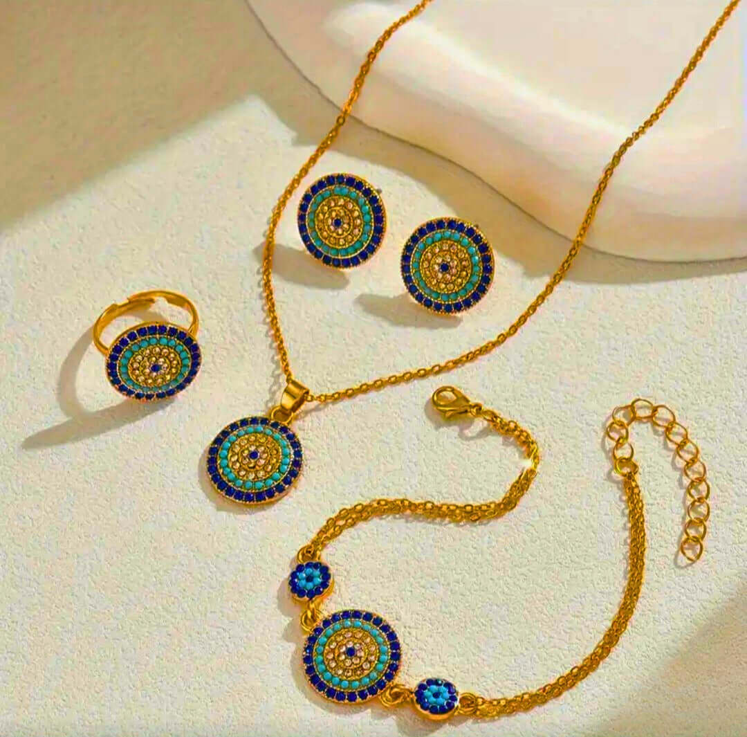 GCB0005 - Juego Completo Acero Inoxidable Ojo Turco Circonita Blanco y Azul Calenbi