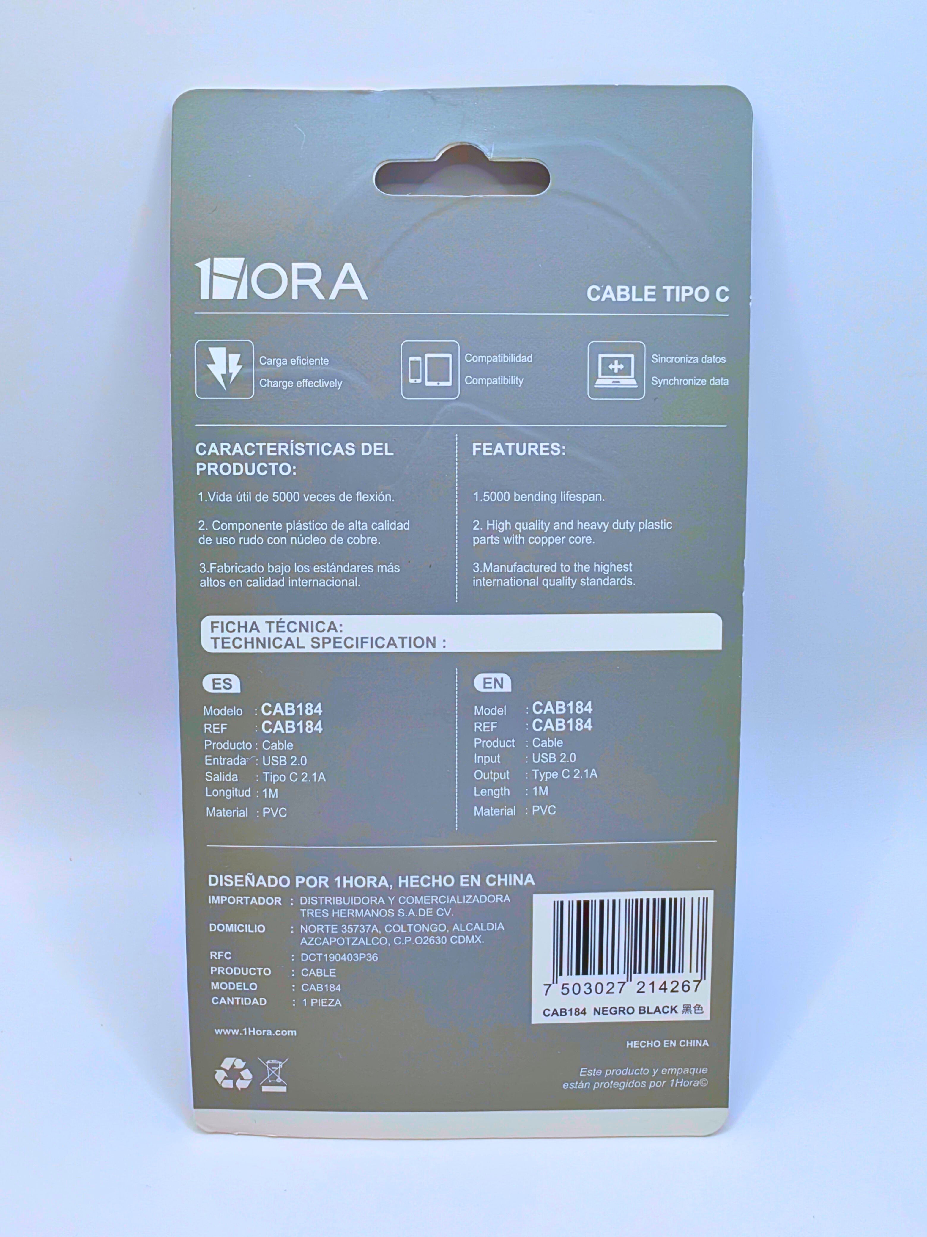 CAB206 - Sincronizado Datos USB "C" Blanco 1Hora