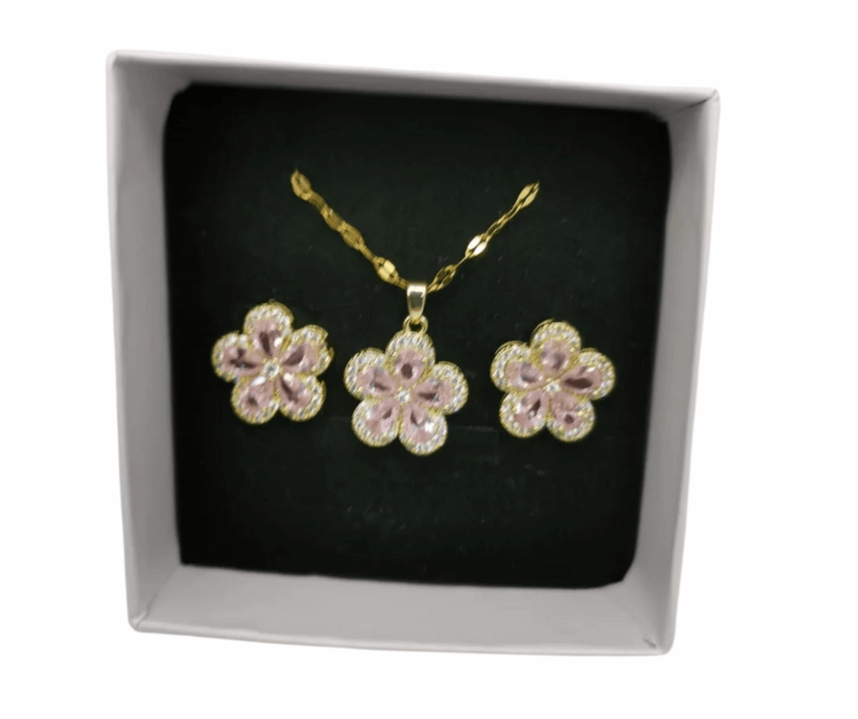NEB0010 - Collar y Aretes Acero Titanio Circonita Cubica Rosa Flor Calenbi
