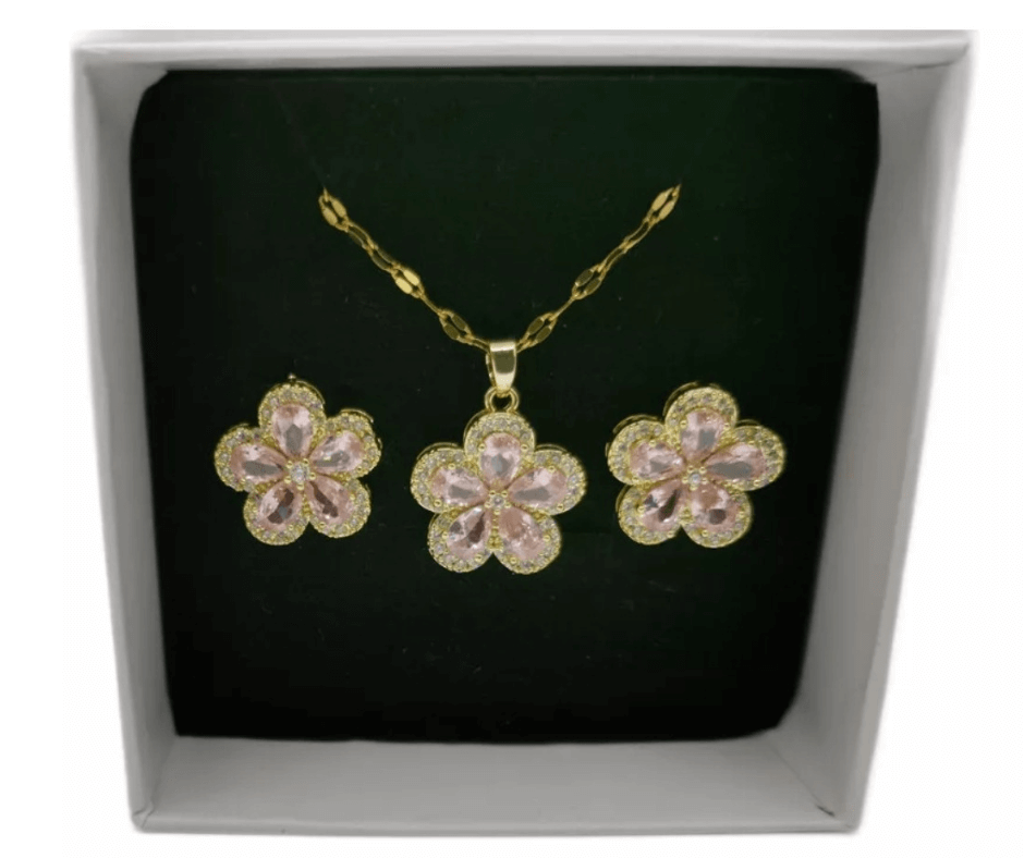 NEB0010 - Collar y Aretes Acero Titanio Circonita Cubica Rosa Flor Calenbi