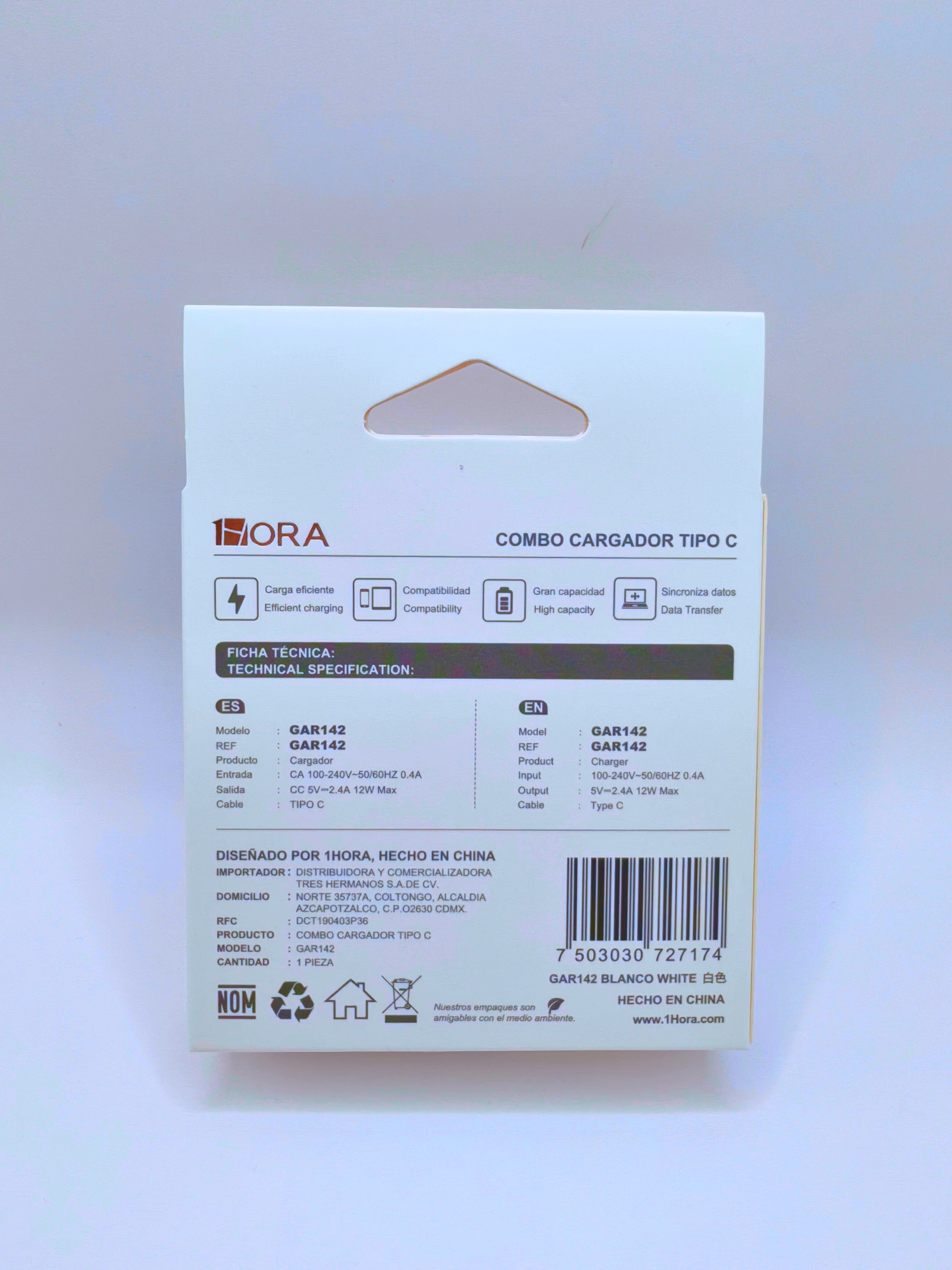 GAR142 - Combo Cargador Tipo "C" 1M 2.4A 12W MAX 1HORA