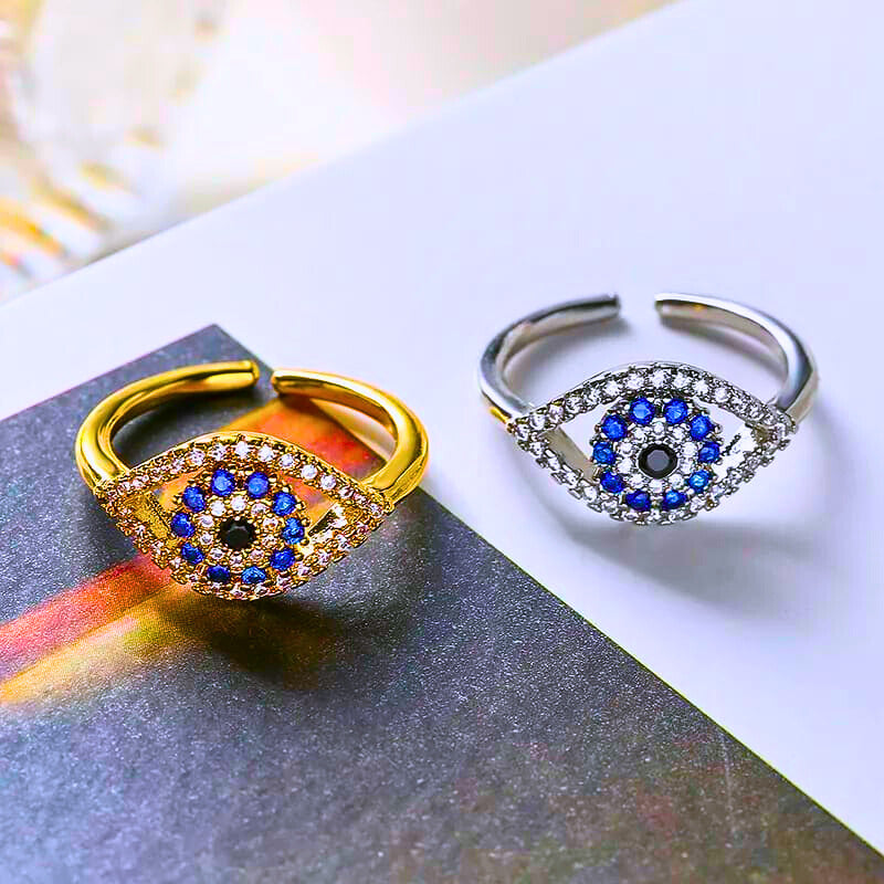 RB0023 - Anillo Acero Inoxidable Circonita Blanco y Azul Chapa Oro 14K Ajustable Calenbi