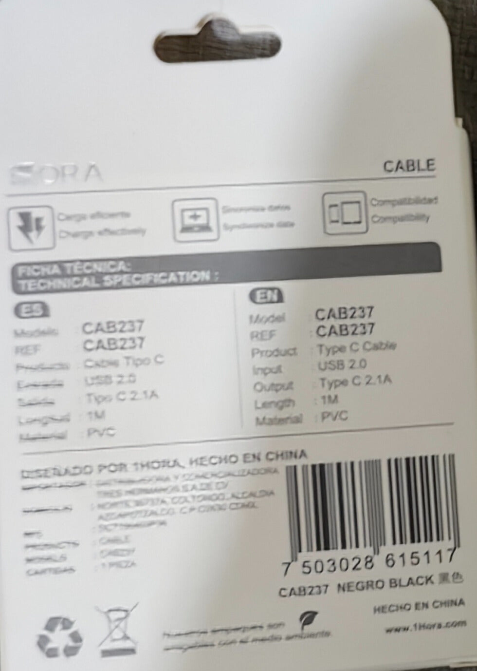 CAB237 - 1M Cable Tipo "C" y "A" 2.1A De Carga y Datos 1Hora